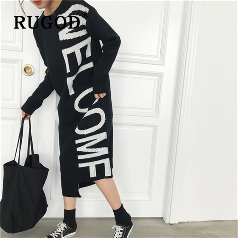 

RUGOD 2019 new Korean chic letter knitted women dress Fashion round neck long sleeve straight sweater dresses winter loose dress