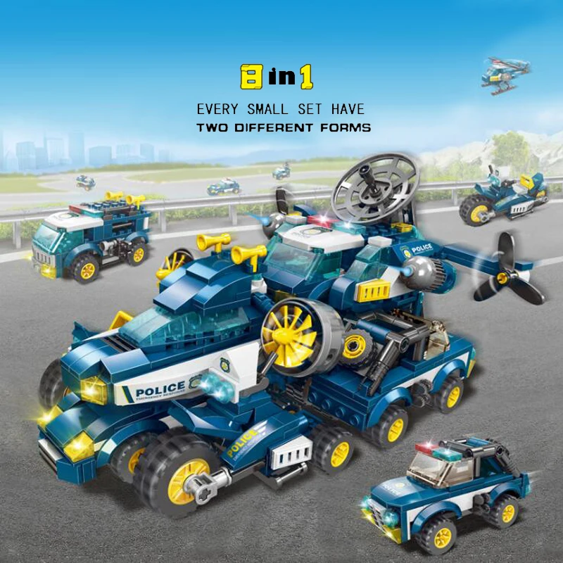 

669pcs 8in1 police city car helicopter Building Blocks compatible legoing Army Tank Figures DIY Bricks Educational Children Toys