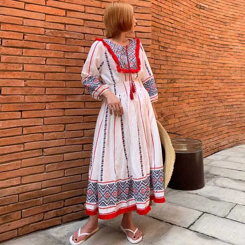 KHALEE YOSE White Embroidery Midi Dress Autumn Long Dresses Womens Puff Sleeve Elastic Waist Boho Hippie Holiday Dress Female