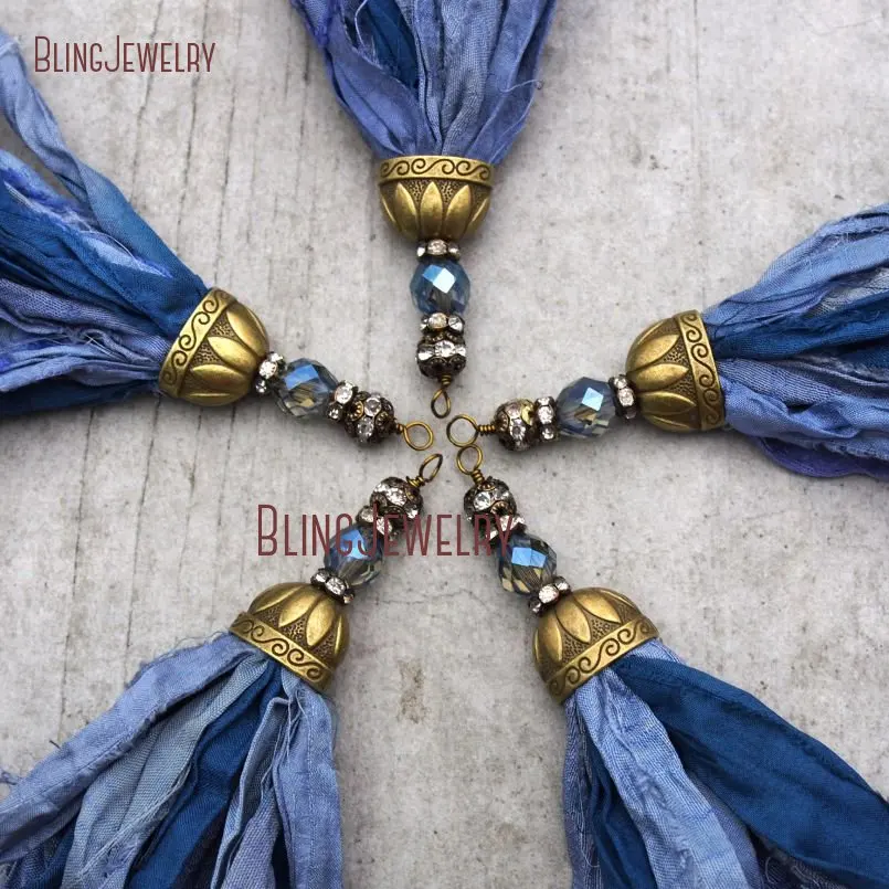 20171213-PM9150- Blue Shades Sari Silk Tassel Pendant  Antique Bronze Color Plated_1