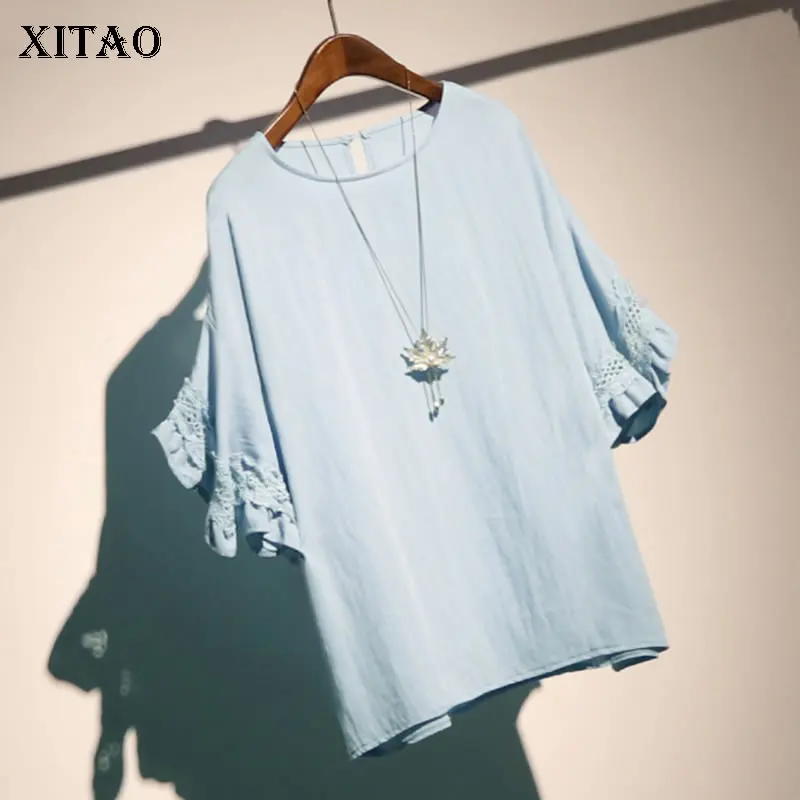 [Xitao] أوروبا 2018 الصيف أزياء المرأة بلون س الرقبة فضفاضة القمصان الإناث الدانتيل خليط فراشة كم تيز KZH1475