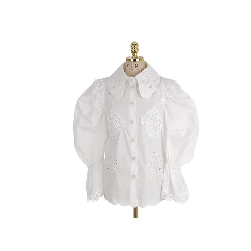 CHICEVER Весенняя Повседневная белая женская рубашка с вышивкой, с отворотом, с расклешенным воротником, на пуговицах, свободная тонкая женская блузка - Цвет: white