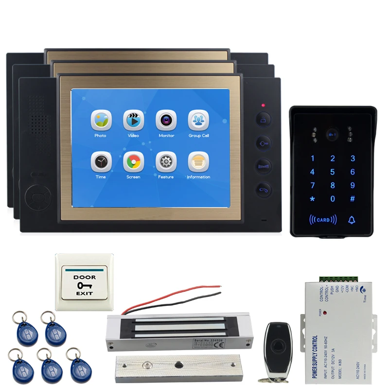 

JEX 8`` Video Door Phone Doorbell Voice/Video Record Intercom system Kit 3 Black Monitor+Waterproof Password Keypad RFID Camera