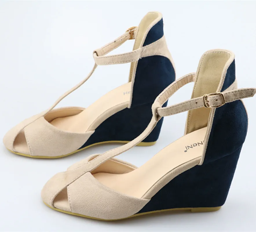 Новые летние женские пикантные туфли из флока на платформе с Т-образным ремешком; chaussures femme; женские босоножки на танкетке с открытым носком; женские туфли на высоком каблуке; размеры 34
