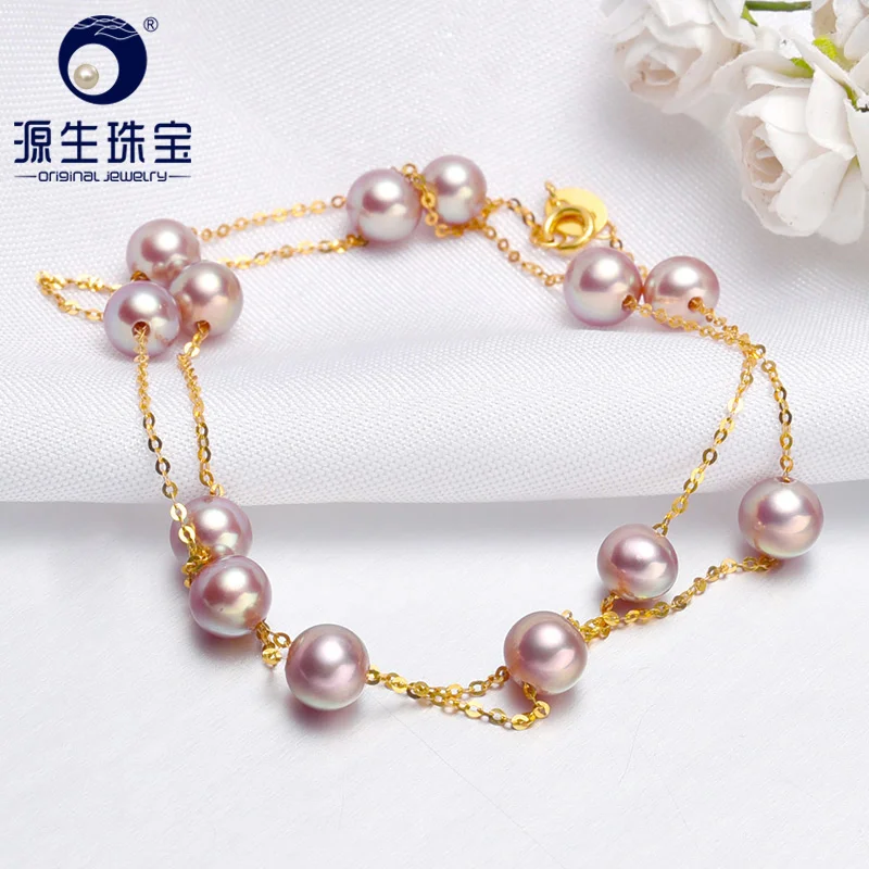 

[YS] 5.5-6mm Natural Cultured Purple Fresheater Pearl Necklace 18k Gold Chain Wedding Jewelry