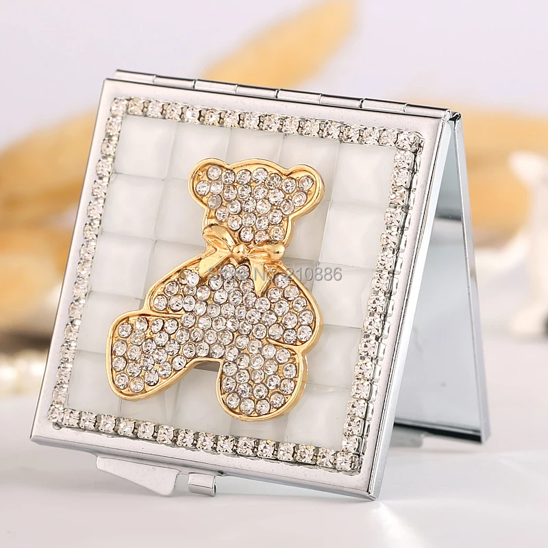 Миниатюрное косметическое компактное карманное зеркало для макияжа, подарки подружки невесты, сувениры для подружки невесты, блестящие стразы с милым медведем