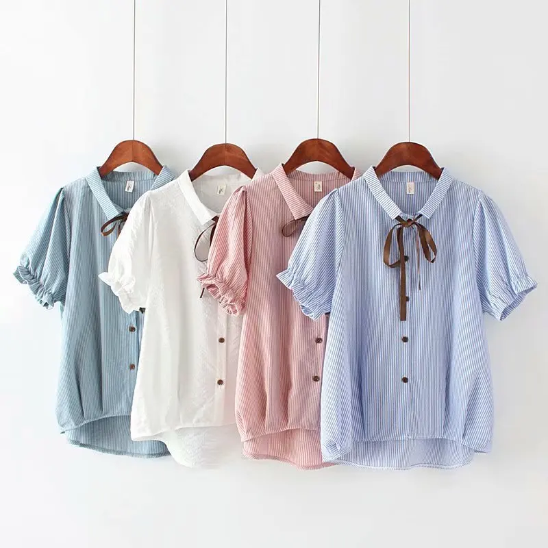 

Japanese school uniform 2019 chemise femme mori girls summer Japanese turndown collar blue white pink striped bow blouse shirt