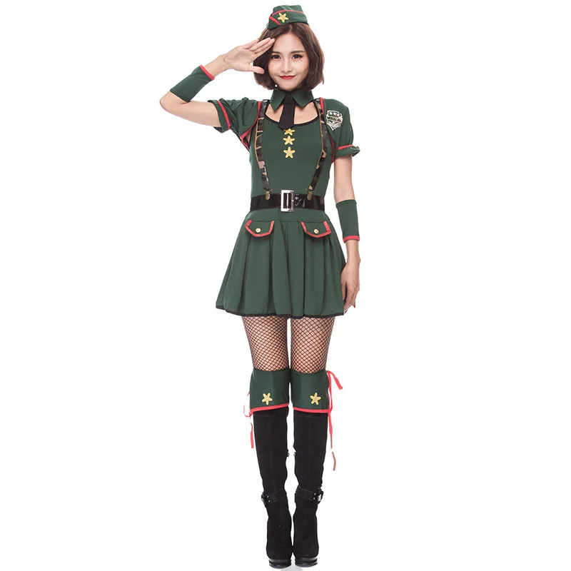 

Womens Sexy green Halloween Party Police Uniform Costumes Outfit Fancy Cosplay dress With Hat Halloween Costume