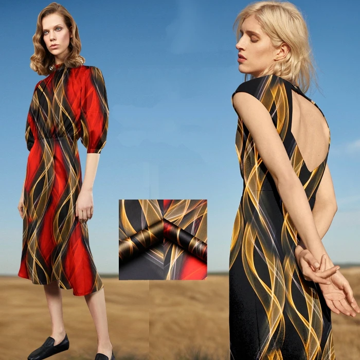 

118CM Wide 19MM 93% Silk & 7% Spandex Print Stretch Black Red Silk Satin Fabric for Dress Cheongsam D1000