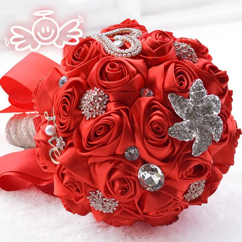 Kyunovia Свадебные Цветы атласные розы невесты букеты Любовь брошь букет кристаллы искусственные розы свадебный букет FE64