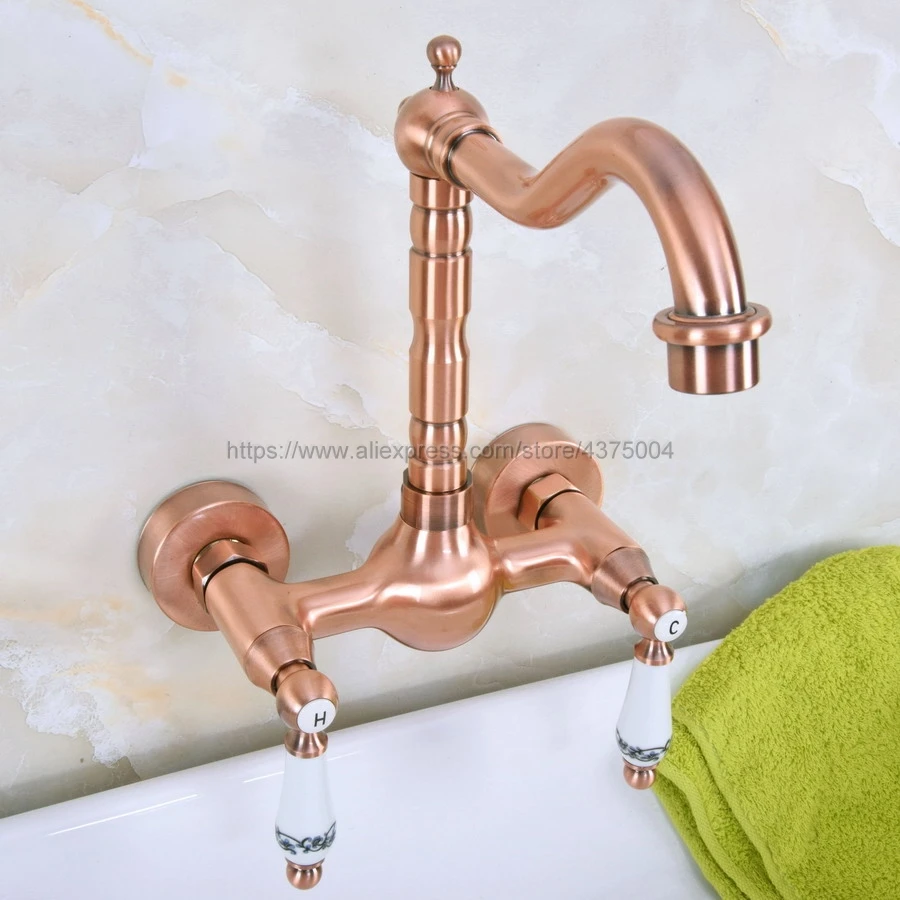 Antique Red Copper Wall Mounted Kitchen Bathroom Sink Faucet Dual Handle Swivel Spout Hot Cold Water Tap Nnf951