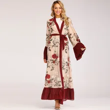 Абая для женщин Новая мода-стиль мусульманских женщин платья Кафтан кружева вышитые плавно кимоно с длинным рукавом платье