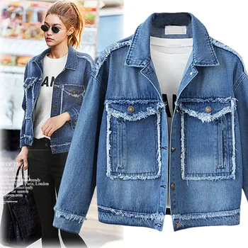 

2018 Autumn Large Yards Turn-down Collar Solid Color Vintage Frayed Big Pockets All Matched Cowboy Clothing Short Coat