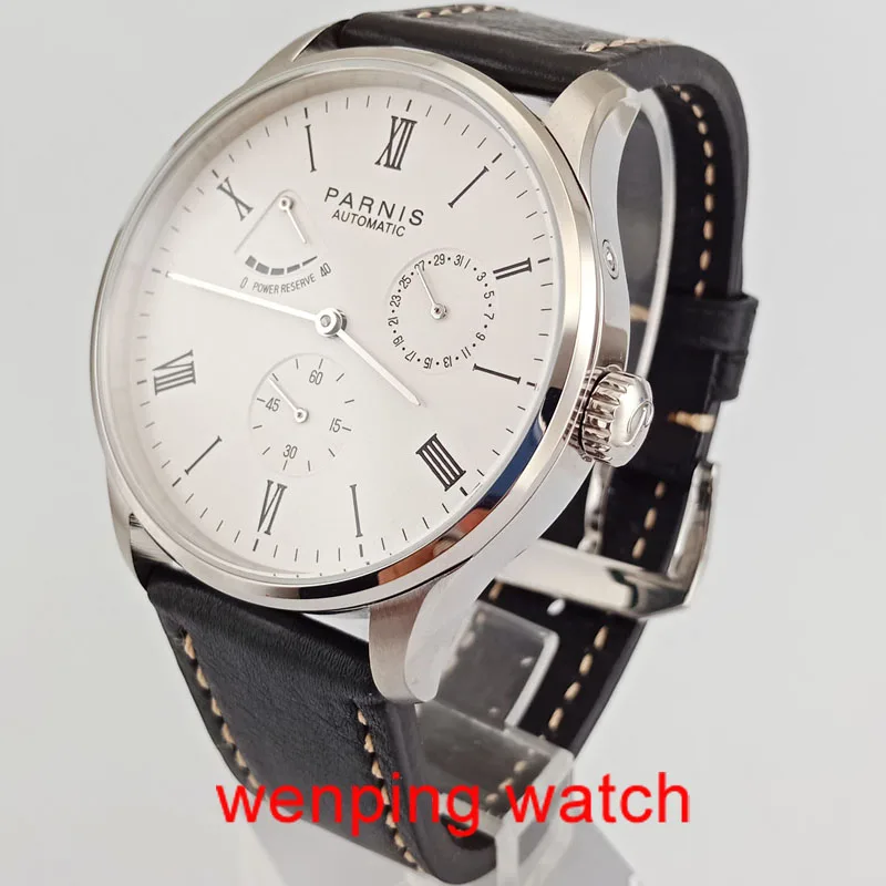 

W2470 42mm Parnis White Dial with Roman numerals Solid Case Date Power Reserve Automatic Mens Watches