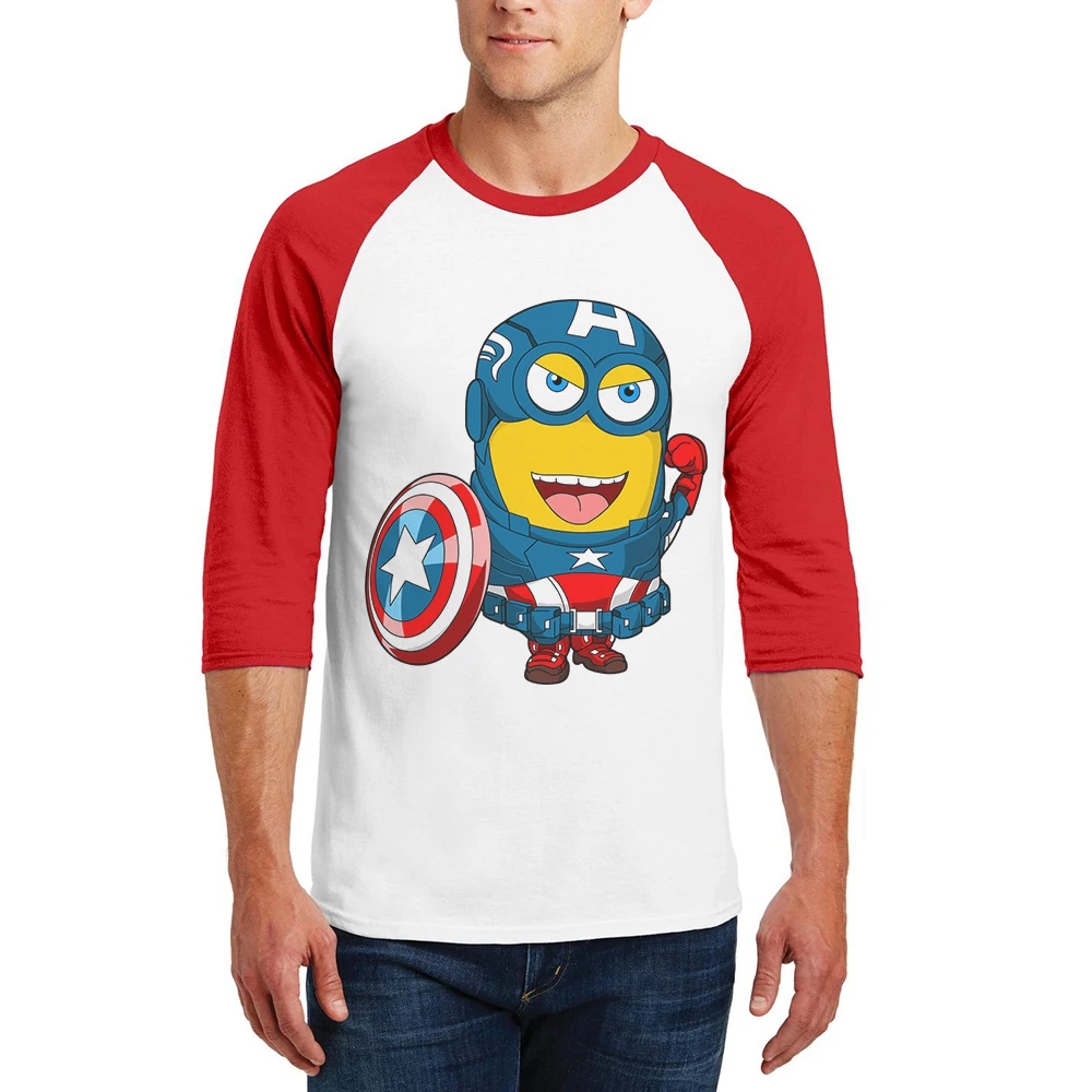 

Funny Cartoon Cosplay T-Shirt 3/4 Raglan Sleeve O-Neck Cotton Captain America Printed Mens T Shirt Casual Mens Clothes Tops Tee
