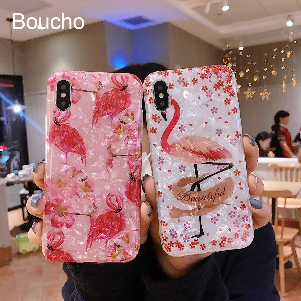 

Boucho Phone Case For iPhone 6 6s 8 7 Plus Colorful Conch Shell Flamingo Floral Pattern Cover For iPhone X XR XS MAX Soft Cases