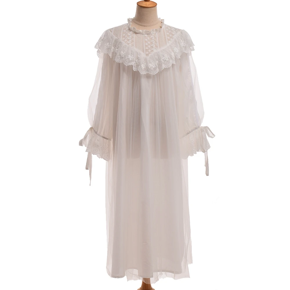 Женская белая ночная рубашка средневековая романтическая винтажная королевская Милая кружевная ночная рубашка с оборками в стиле Лолиты - Цвет: Белый
