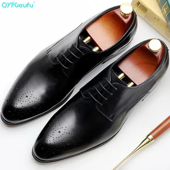 

QYFCIOUFU 2019 New Men Genuine Leather Shoes Man Flat Classic Men Dress Shoes Lace-up Italian Formal Shoes Men Oxford