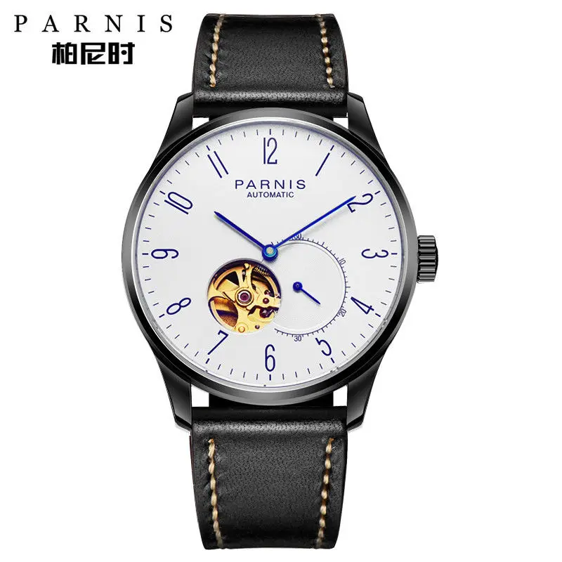 

42mm Parnis White Dial Blue Marks PVD case Leather strap Miyota Luxury Brand Automatic Mechanical men's Wristwatches