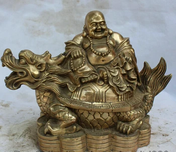 

JP S62 15" Chinese Brass Seat Dragon tortoise Turtle Happy Laugh Maitreya Buddha Statue