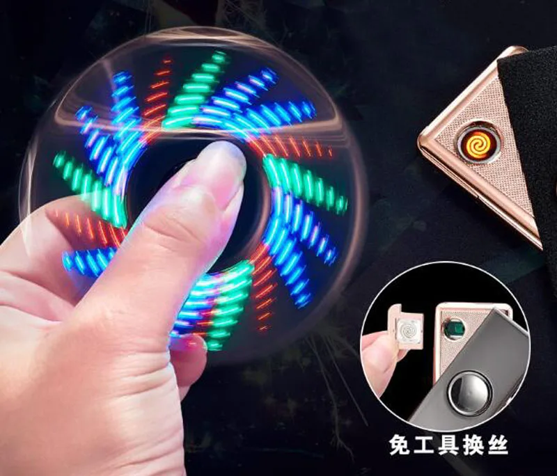 A016 Ultra-thin Fingertip Gyro USB Pulse Electronic Lighter Hand Spinner Flameless Cigarette Lighter 18 Color LED Play Pattern