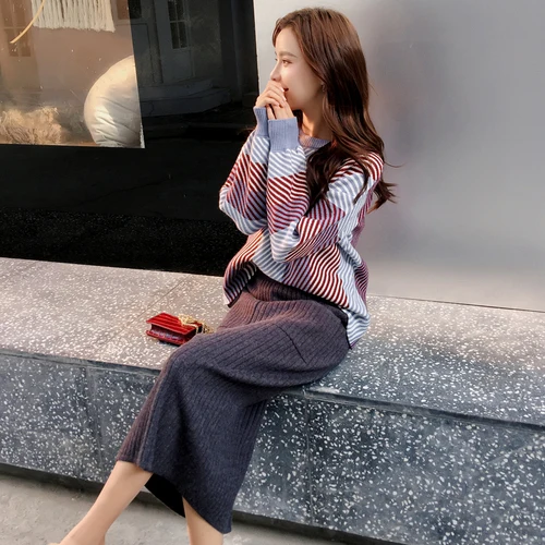 

Sweater 2 Piece Set Women Dress Autumn And Winter Fashion Knit Dress Women Preppy Style Slim Knee-length Dresses