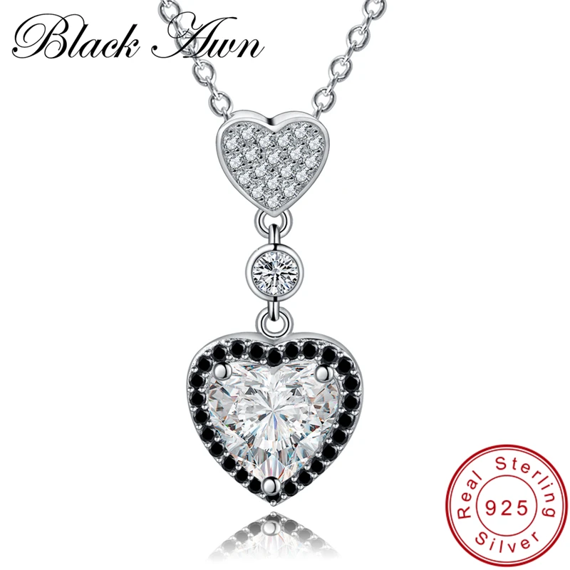 

[BLACK AWN] Real 925 Sterling Silver Necklace Heart Women's Black Spinel Necklaces Pendants Gift for Girl P156