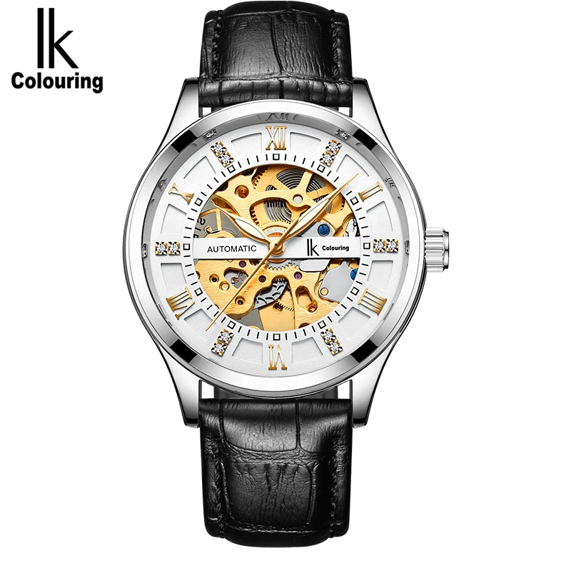 IK раскраски для мужчин's деловые часы Autmatic Self ветер кожаный Скелет Wristwathces Montre Reloj