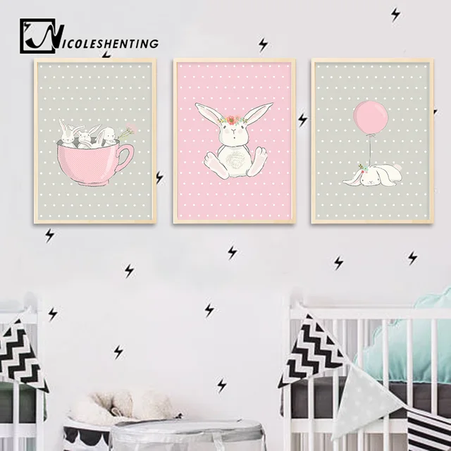 Cute Pink Rabbit Bunny Wall Art Canvas Posters Cartoon Animal Cute Pink Rabbit Bunny Wall Art Canvas Posters Cartoon Animal Nursery Prints Nordic Painting Picture Baby