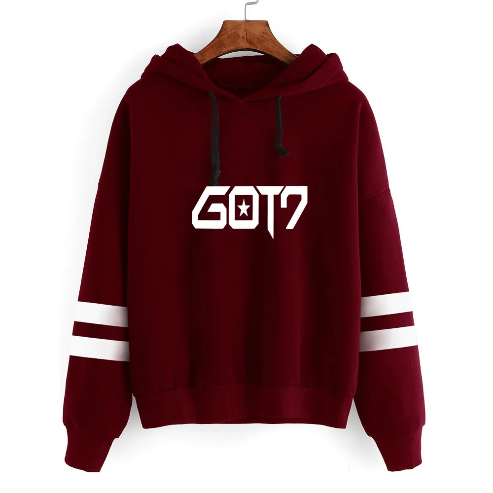 

New Korean Fashion Kpop Bambam Got7 Hoodie NEVER EVER Harajuku Clothes Women Long Sleeve Striped Hooded Sweatshirts Pullover Top