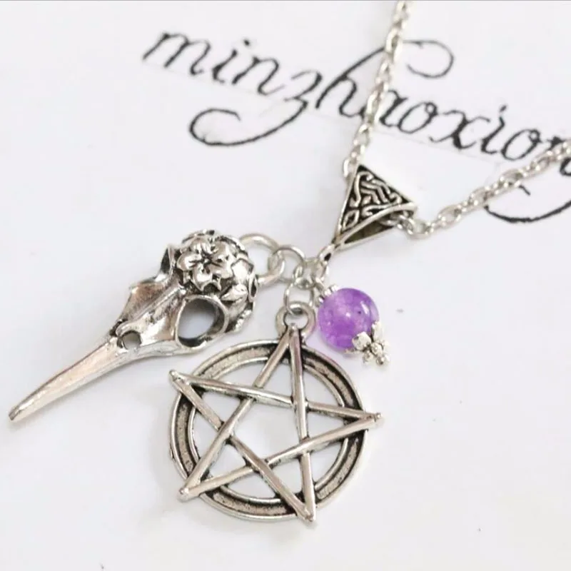 

Vintage Antique Silver Bird Crow Skull Pentagram Amethyst Charm Pendant Chain Necklace Christmas Gift Wicca Pagan Goth Jewelry