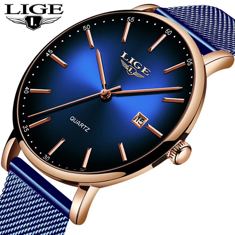 

New LIGE Mens Watches Male Fashion Top Brand Luxury Slim Blue Quartz Watch Mens Casual Waterproof Sport Watch Reloj Hombre 2019
