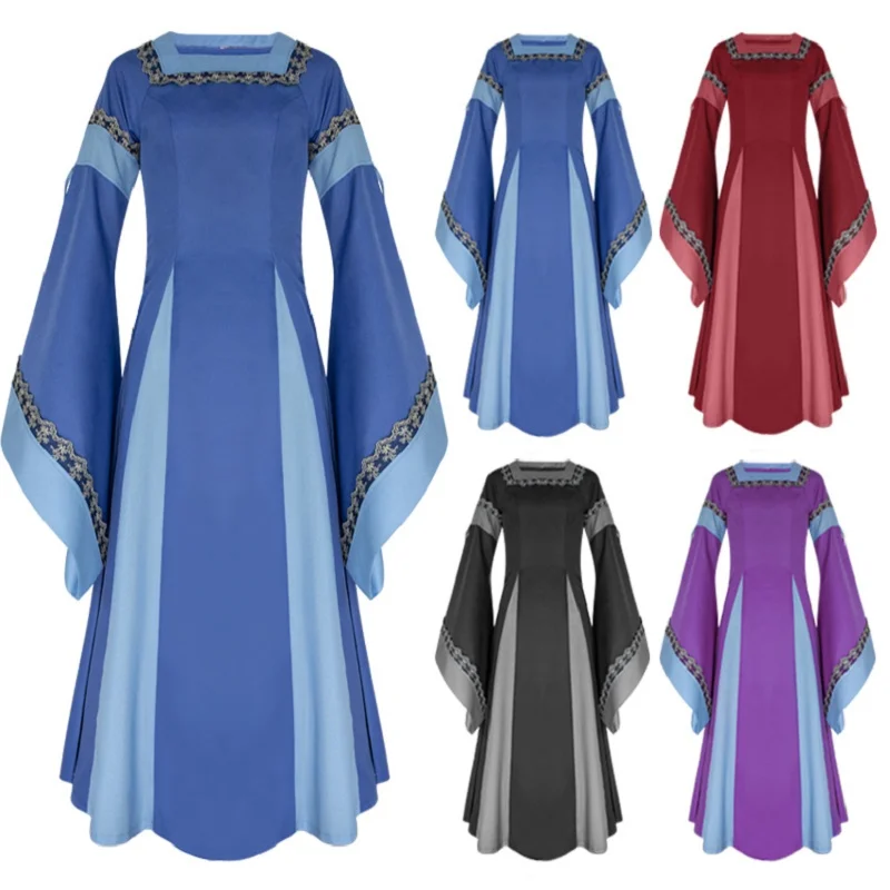 

Movie Cosplay Costume Middle Ages Women Square Neck Flare Sleeve Long Dress Medieval Renaissance Dresses Halloween Costumes