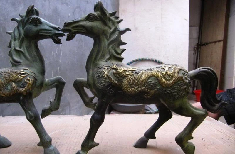

10 INCH China Folk old Bronze Carved Two Dragon Play phoenix Lucky Horse Pair