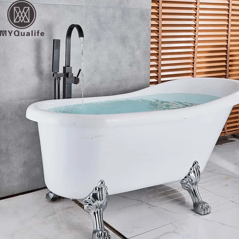 

Black Bronze Waterfall Bathtub Faucet Swive Spout Bath Shower Mixers with Handshower Floor Mounted Bathroom Tub Sink Faucet