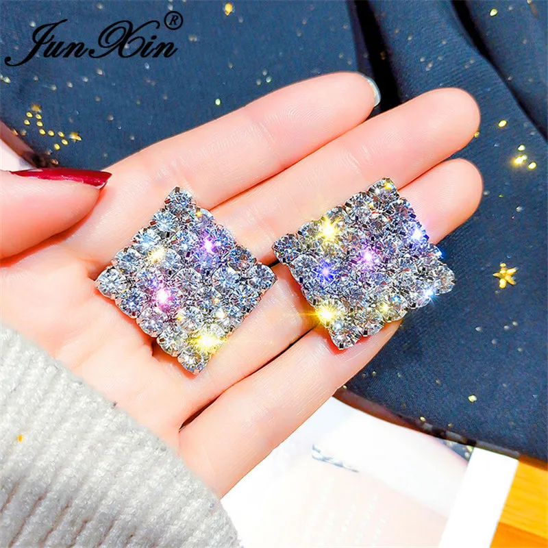 

JUNXIN Cute Princess Square Earrings For Women 925 Silver Yellow Gold Filled White Crystal Zircon Stone Geometry Stud Earrings
