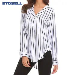 Черный, белый цвет Work Striped Shirt V-планка изогнутые Высокая Низкая Офис Блузка 2018 Для женщин с длинным рукавом Повседневное топы летние женские