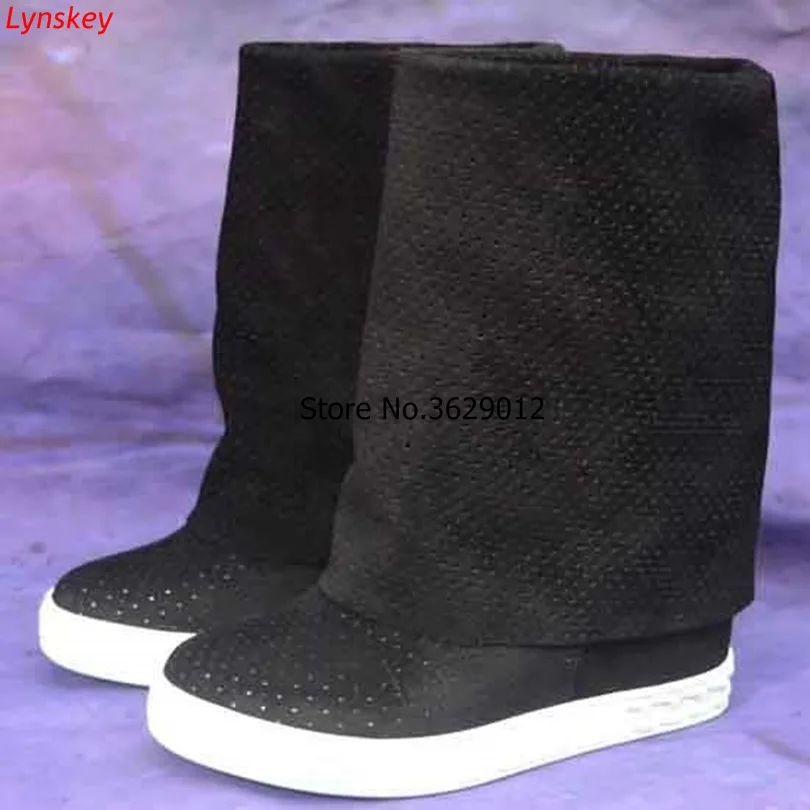 

Round Toe Women Platform Knee High Boots Black Suede Leather Hidden Wedge Lady Motorcycle Boots Slip-on Woman Shoes