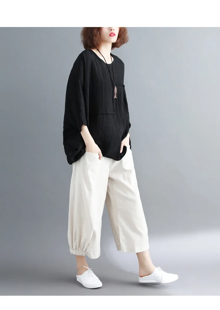  LZJN 2019 New Cotton Linen Soft Wide Leg Women Pants Elastic Waist Solid Color Summer Loose Trouser Plus Size Capris with Pocket (16)