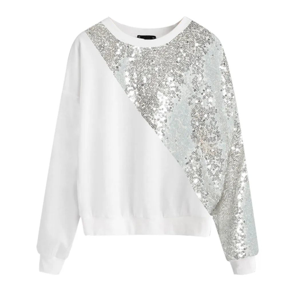 

Autumn Fashion Women Blings Sequins Sweatshirt Color Block O-Neck Patchwork Pullover Tops Ladies befree long sleeve shirts