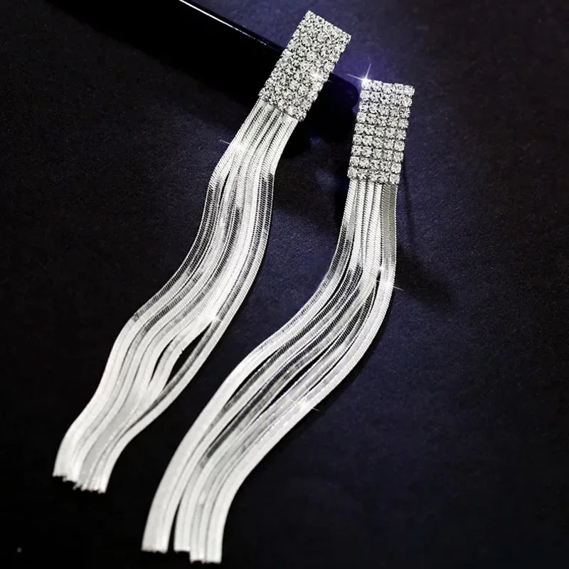 

SINLEERY Retro Rhinestone 10CM Long Tassels Earrings For Women Gold Color Party Wedding Chain Tassel Earrings Accessories ES706