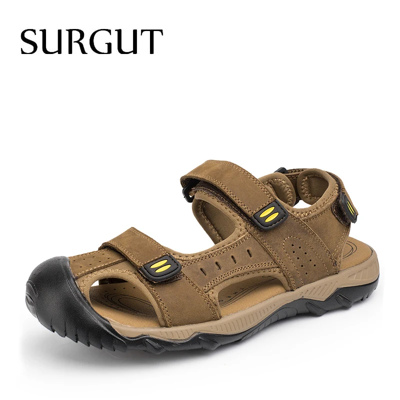 Prix SURGUT Nouvelle 2018 De Mode Chaude D été Casual Solide Hommes Sandales Respirant de Haute Qualité En Cuir Véritable Chaussures de Plage Grande Taille 38 ~ 48