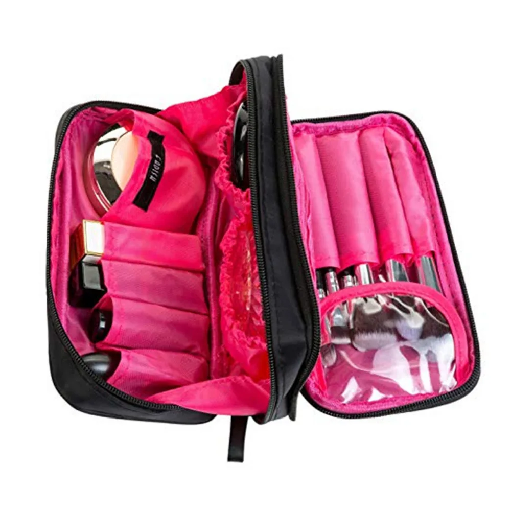 Black/Black-Pink Portable Women Nylon Cloth Dual Layer cosmetic Make up Pouch Brush Organizer Storage Bag cosmet Makeup Tool Kit