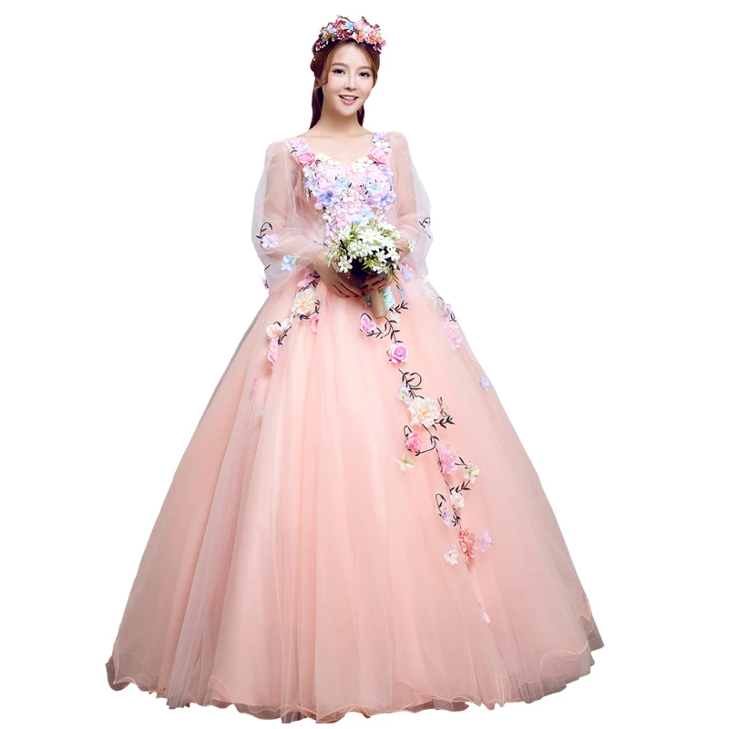

Trajes De Quinceaneras 2019 New V Neck Pink Long Sleeve Quinceanera Dresses Lace Flower Plus Size Lace Up Custom Made Prom Gown