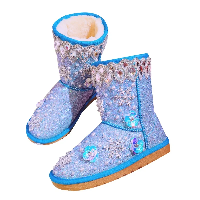 

Bling Winter Women Snow Boots Winter Warm Plush Women's Boots Girl Winter Shoes Sequin Flower Crystal Mid-Calf Boots Flat Shoes