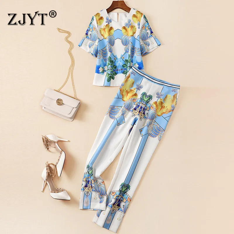 

Fashion Summer Style Women Pants 2Piece Set 2019 Runway Designer Short Sleeve Vintage Print Top and Trousers Suit Matching Sets