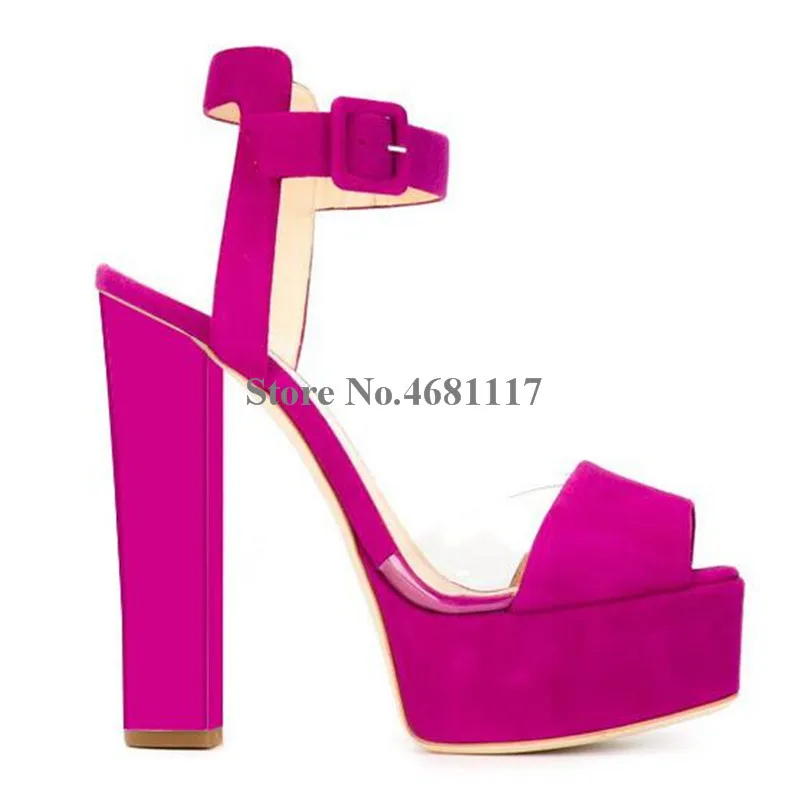

New Design Women Fashion Peep Toe Suede Leather High Platform Chunky Heel Sandals PVC Strap Cross Thick High Heel Sandals