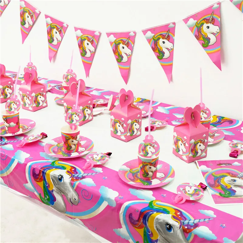 

Unicorn Theme Unicorn Banner Tablecloth Gifts Bags Invitation Card Cupcake Topper Masks Festival Supplies Party Decor Set