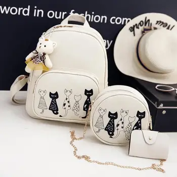 

3pcs/Set Women Cat Print PU Leather Backpack Teenage Girls Shoulder Bookbag