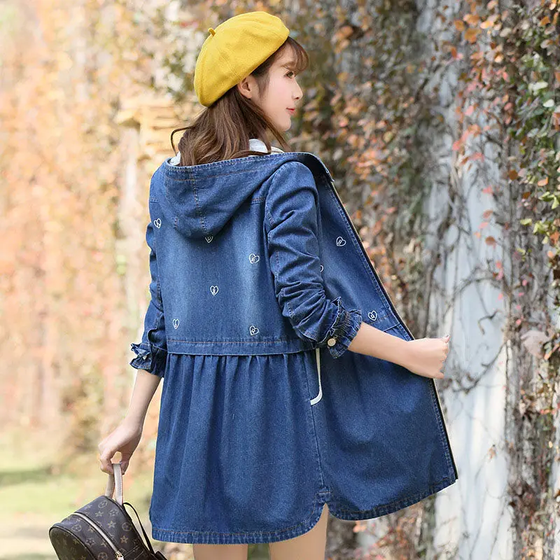 

Washed Cotton Sweet Embroidered Denim Jacket Women Casual Fashion Hooded Zipper Jeans Windbreaker Coat For Girls Student f1346
